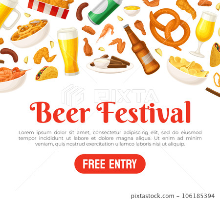 Beer Festival Banner Design with Snack and Alcoholic Drink Vector Template 106185394