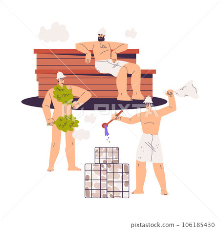 Man Bathing in Sauna with Besom and Taking Steam Bath Vector Illustration Man Bathing in Sauna with Besom and Taking Steam Bath Vector Illustration 106185430