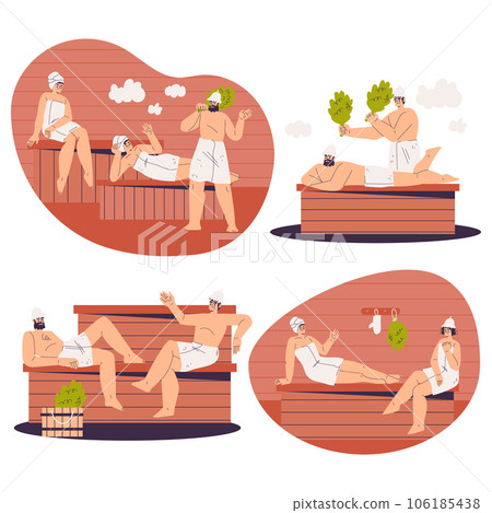 People Characters Bathing in Sauna and Taking Steam Bath Vector Set 106185438