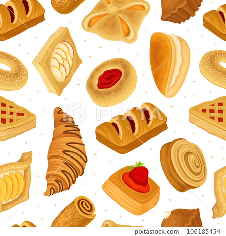 Baked Product Seamless Pattern Design with Sweet Bun and Pastry Vector Template 106185454