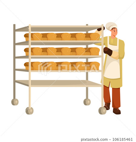 Man Bread Baker in Uniform and Toque Baking Pastry Vector Illustration Man Bread Baker in Uniform and Toque Baking Pastry Vector Illustration 106185461