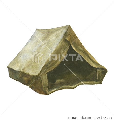 Hand drawn watercolor illustration of old traditional equipment for hiking or travel, camp tent on white isolated background. Drawing of retro camping for trip in a forest 106185744