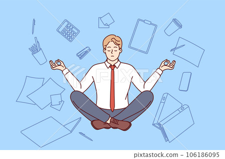 Business man meditates in lotus position and does zen yoga, levitating among office supplies Business man meditates in lotus position and does zen yoga, levitating among office supplies 106186095
