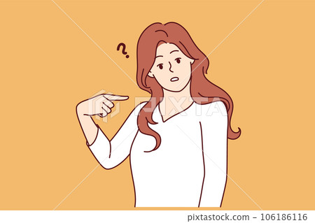 Embarrassed woman points finger at herself and looks puzzled at screen after hearing question 106186116