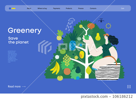 Greenery, ecology -modern flat vector concept illustration of a woman gathering fruit from the 40 fruit tree. Metaphor of environmental sustainability and protection, closeness to nature 106186212