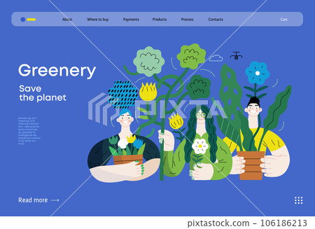 Greenery, ecology -modern flat vector concept illustration of people surrounded by plants and flowers. Metaphor of environmental sustainability and protection, closeness to nature 106186213