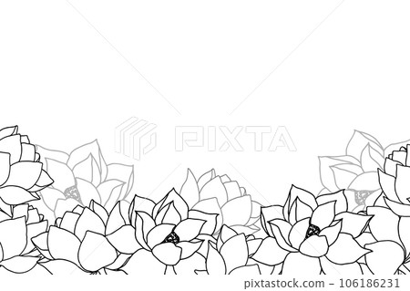 Vector frame with lotus flowers and buds. Floral template for flowershop, wedding design with space for text. Botanical illistration water lily greeting card Vector frame with lotus flowers and buds. Floral template for flowershop, wedding design with space for text. Botanical illistration water lily greeting card 106186231