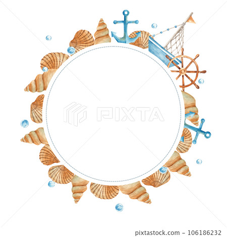 Sea circle frame, cute watercolor ship, boat, wooden steering wheel, seashells, nautical anchor and water bubbles. Marine design. Watercolor hand drawn illustration isolated on white background. For Sea circle frame, cute watercolor ship, boat, wooden steering wheel, seashells, nautical anchor and water bubbles. Marine design. Watercolor hand drawn illustration isolated on white background. For 106186232