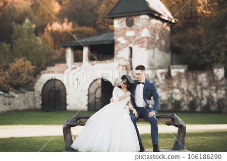 Happy wedding couple walking in a botanical park 106186290