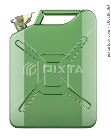 Green steel jerrycan, jerry can. Side view, 3D rendering 106186364