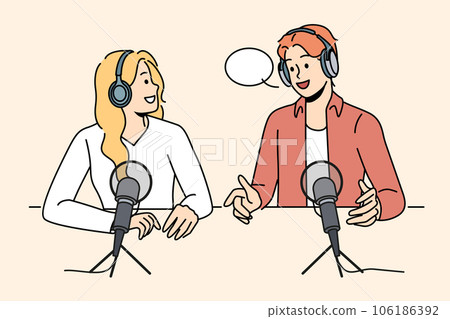 Radio show hosts sit around table with microphones discussing latest news preparing online podcast 106186392