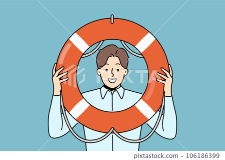 Business man holds lifeline offering help and crisis management services to companies in bankruptcy Business man holds lifeline offering help and crisis management services to companies in bankruptcy 106186399