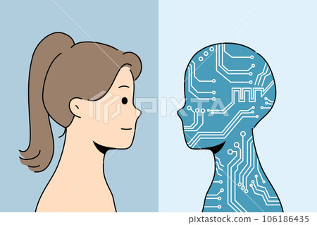 Artificial intelligence in form of silhouette in colors of computer board near woman 106186435