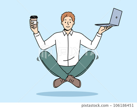 Meditating business man with laptop and coffee, floating in air while sitting in lotus position 106186451