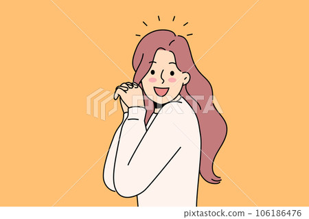 Laughing woman raises hands and looks at screen, enjoying meeting you or glad to receive good news Laughing woman raises hands and looks at screen, enjoying meeting you or glad to receive good news 106186476