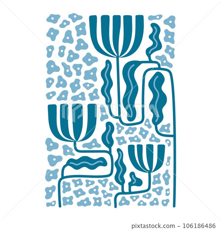 Matisse style blue flowers. Curvy stems, wavy leaves. Pattern of simple doodle floral silhouettes. Trendy flat style with hints of Art Deco and Art Nouveau. Vector illustration flat, cartoon artwork 106186486
