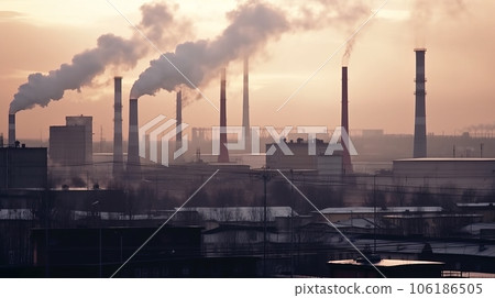 view of industrial with chimneys with thick smoke causing air pollution 106186505