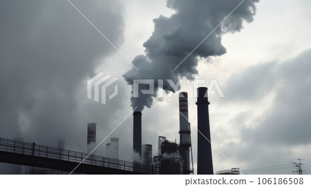 industrial chimneys with heavy smoke causing air pollution on the gray smoky sky industrial chimneys with heavy smoke causing air pollution on the gray smoky sky 106186508