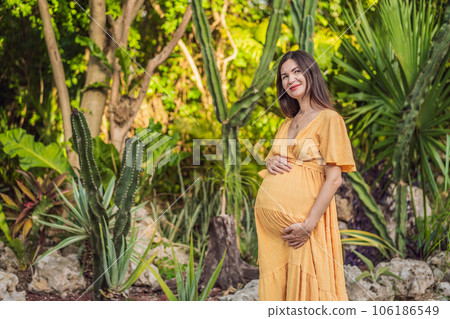 A serene and radiant pregnant woman after 40, surrounded by nature's beauty in the park, cherishing the journey of motherhood with a glowing smile A serene and radiant pregnant woman after 40, surrounded by nature's beauty in the park, cherishing the journey of motherhood with a glowing smile 106186549
