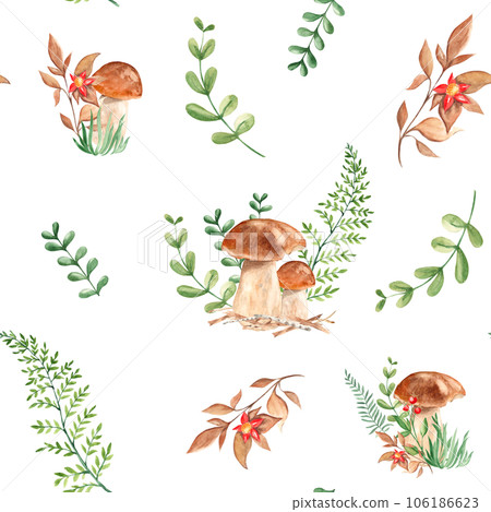 Seamless watercolor pattern with porcini mushrooms, fern, green branches and red flower. Botanical summer hand drawn illustration. Can be used for gift wrapping paper, kitchen textile and fabric 106186623