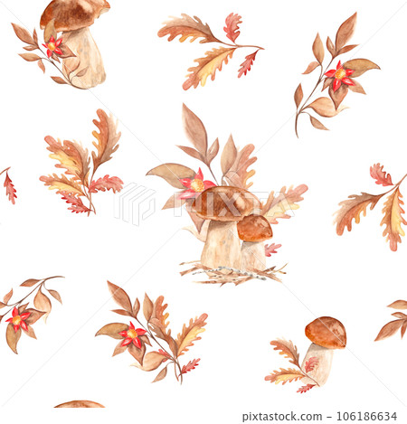 Seamless watercolor pattern with porcini mushrooms, oak leaves and branch with red flower. Botanical summer hand drawn illustration. Can be used for gift wrapping paper, kitchen textile and fabric 106186634