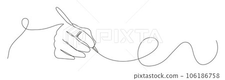 Hand holding pen in continuous style, writing or drawing. Pen line art illustration. 106186758
