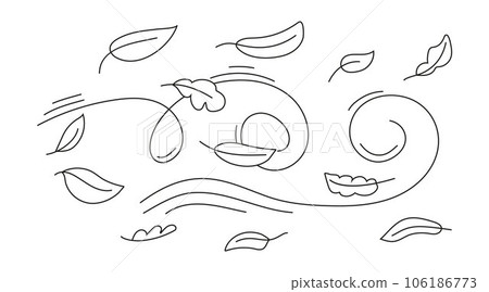 Autumn leaf line sketch vector. Wind doodle blows. Leaf falls down. Strong gust of wind. 106186773