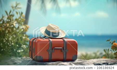 Suitcase with hat standing on clean tropical background,  106186924