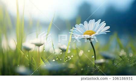 chamomile flower with dew drops in the sun 106186931
