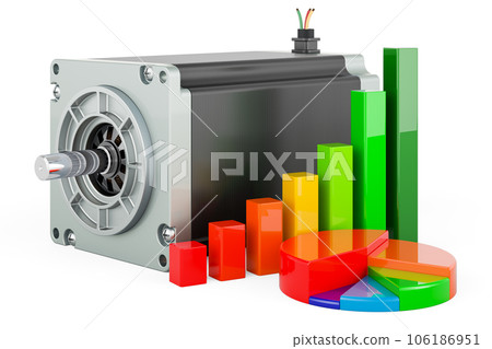 Stepper motor with growth bar graph and pie chart, 3D rendering Stepper motor with growth bar graph and pie chart, 3D rendering 106186951