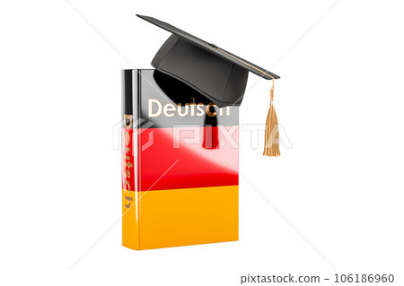 German language textbook with graduation cap. Learn German language, classes. 3D rendering 106186960
