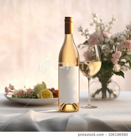 Bottle of white wine standing on table. Wine bottle mockup with blank white label, commercial wine label template Bottle of white wine standing on table. Wine bottle mockup with blank white label, commercial wine label template 106186980