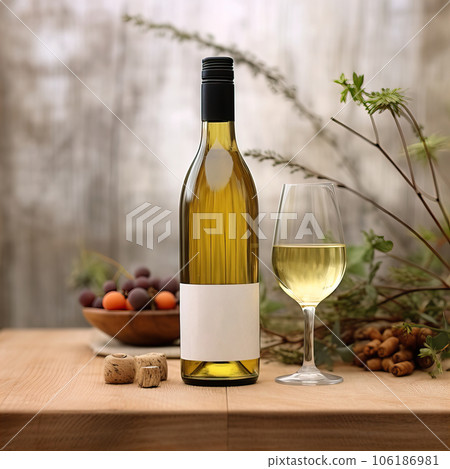 Bottle of white wine standing on table. Wine bottle mockup with blank white label, commercial wine label template 106186981