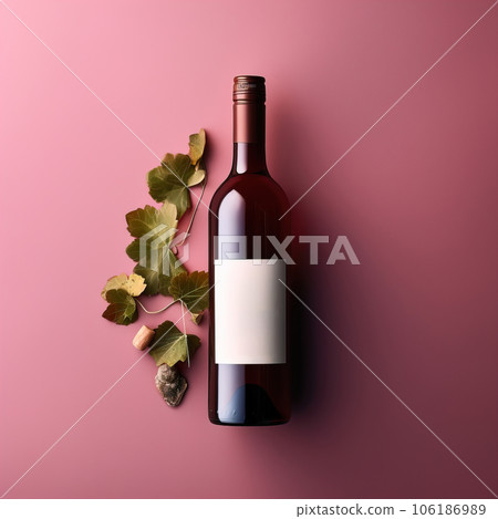 Bottle of red wine on beige studio background. Wine bottle mockup with blank white label, commercial red wine label template 106186989