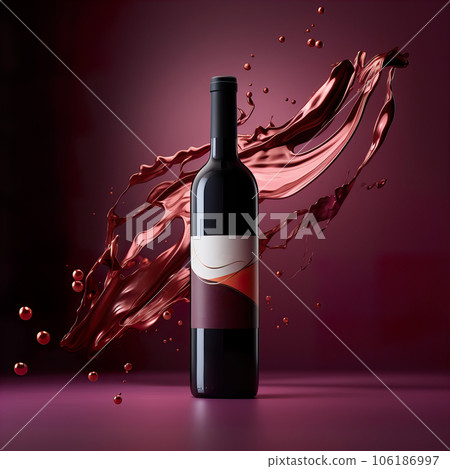 Bottle of red wine in liquid splash. Wine bottle mockup with blank white label, commercial red wine label template Bottle of red wine in liquid splash. Wine bottle mockup with blank white label, commercial red wine label template 106186997