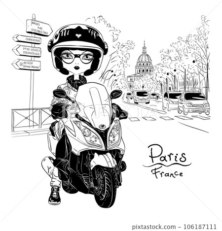Vector cute girl on a scooter in Paris Vector cute girl on a scooter in Paris 106187111