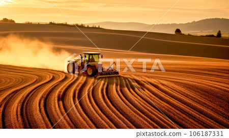 modern tractor driving through the field at sunset.  106187331