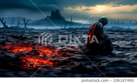 ecological disaster, lonely man in a land ravaged by the element, devastated by the fires of the earth ecological disaster, lonely man in a land ravaged by the element, devastated by the fires of the earth 106187400