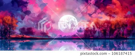 the moon rising over the river over a colorful fairy tale landscape drawn in watercolor, banner the moon rising over the river over a colorful fairy tale landscape drawn in watercolor, banner 106187415