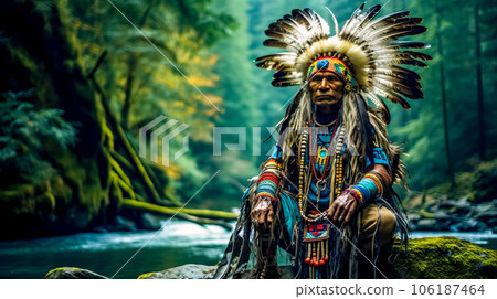 Native American leader in traditional costume performs a ceremony in the forest next to the river, banner with copy space 106187464