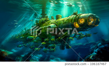 green fantastic research submarine in the depths of the sea 106187467