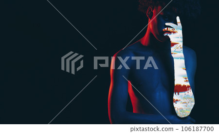 Racial discrimination. Diversity equality. Human rights. Ashamed shirtless guy hiding face with glitch arm in blue red neon light on dark copy space background. 106187700