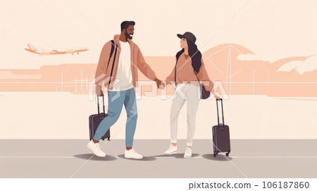 Portrait of elegant happy couple man and woman standing together on the territory of the airport AI 106187860