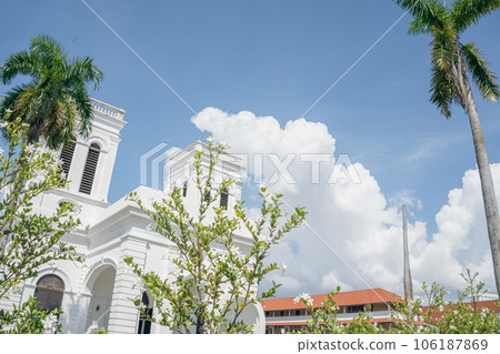 Georgetown Church of the Assumption with palm tree in Penang, Malaysia 106187869
