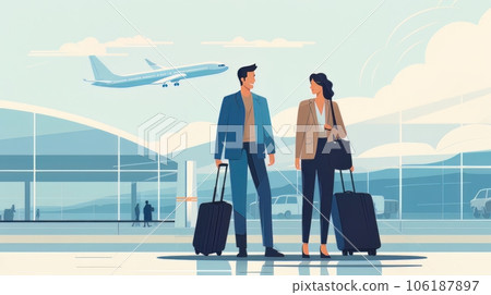 Portrait of elegant happy couple man and woman standing together on the territory of the airport AI 106187897