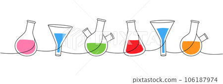 Lab glassware one line colored continuous drawing. Round bottom flask, filter funnel, flask continuous one line illustration. Vector illustration Lab glassware one line colored continuous drawing. Round bottom flask, filter funnel, flask continuous one line illustration. Vector illustration 106187974
