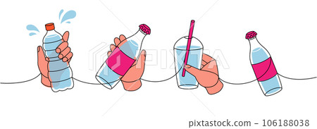 Hands with plastic bottles one line colored continuous drawing. Plastic bottles and glass beaker continuous one line illustration. Vector illustration. Hands with plastic bottles one line colored continuous drawing. Plastic bottles and glass beaker continuous one line illustration. Vector illustration. 106188038