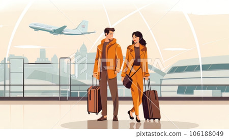 Portrait of elegant happy couple man and woman standing together on the territory of the airport AI 106188049