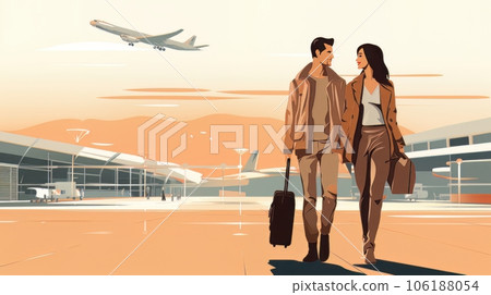 Portrait of elegant happy couple man and woman standing together on the territory of the airport AI 106188054