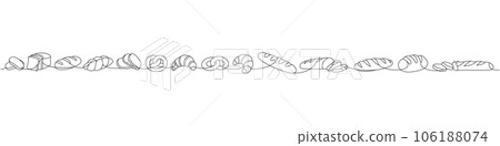Bakery products one line continuous drawing. Whole grain breads, pretzel, ciabatta, croissant, bagel, french baguette continuous one line illustration 106188074